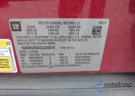 2013 Chevrolet Traverse 2Lt z USA, uszkodzony, nr VIN 1GNKRJKDXDJ220516